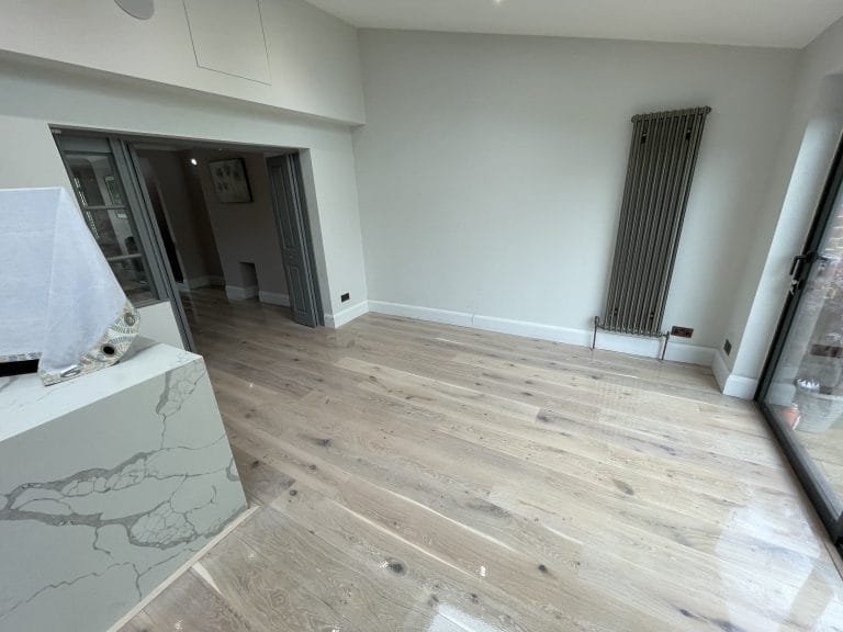 Engineered oak floor sanded, stained and refinished with an extra durable matt Lacquer.